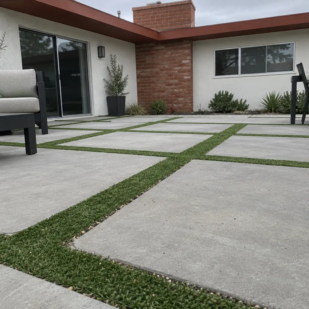 Turf strips cut and edged between concrete pavers bordering a patio
